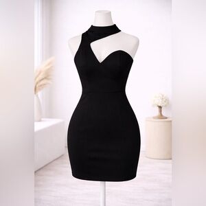 Hot Miami Styles Black One Shoulder Wrap Neck Mini Dress